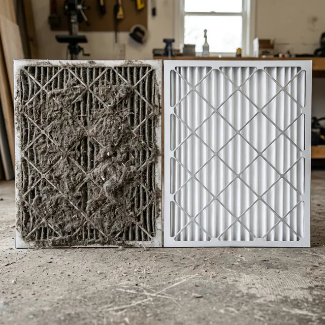 Filthy clogged air filter next to a pristine white new filter