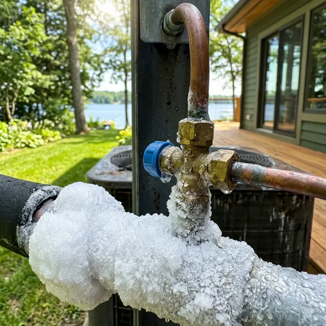 Frozen outdoor AC condenser unit covered in thick ice