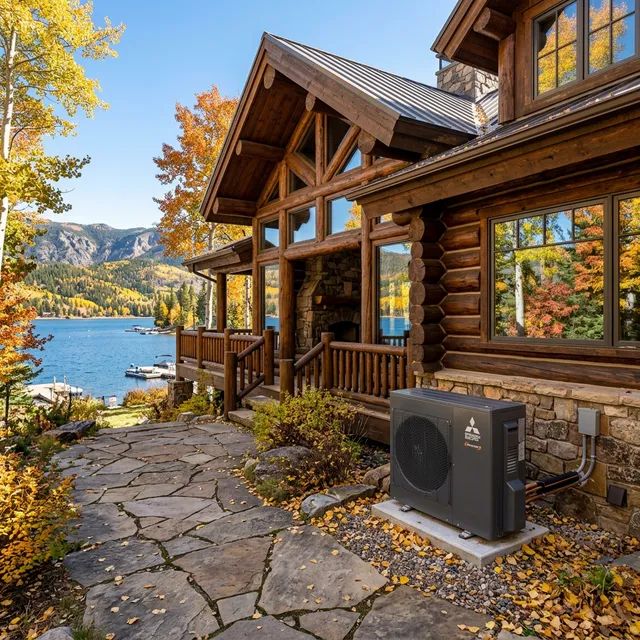 Sleek modern heat pump next to a luxury Grand Lake log cabin