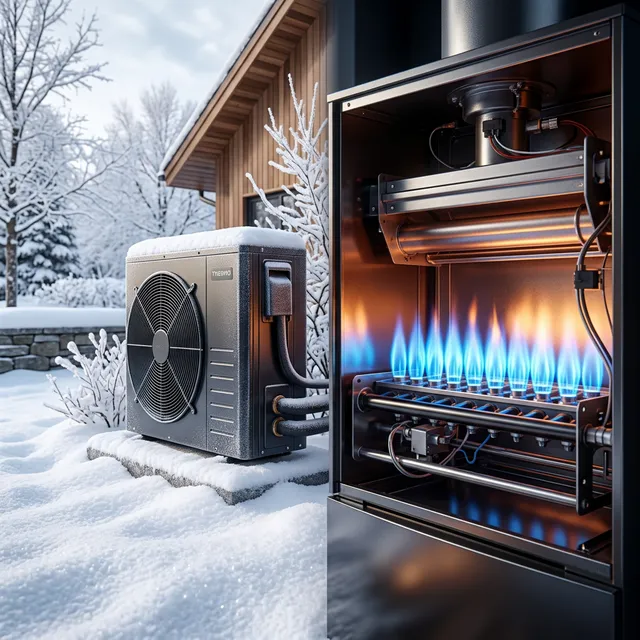 Split screen showing heat pump in snow and natural gas furnace indoors