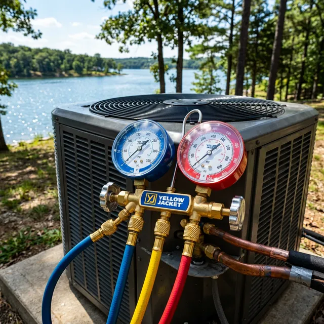 Clean HVAC pressure gauges connected to an outdoor AC unit