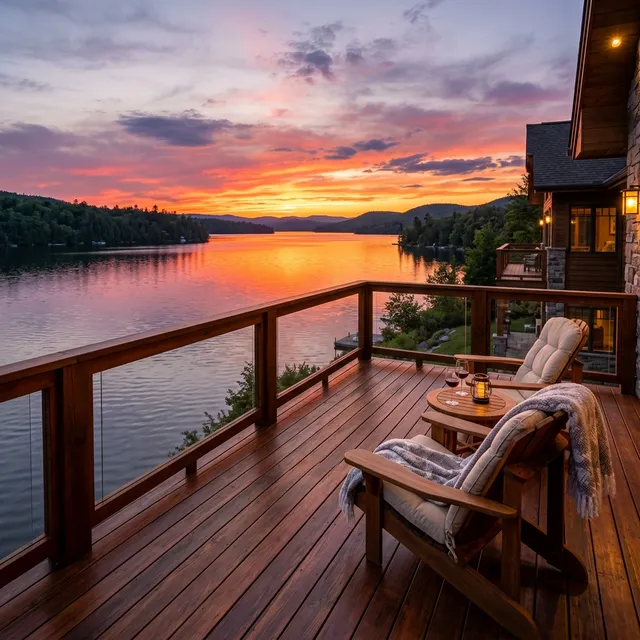 Peaceful quiet sunset over Grand Lake from a wooden deck