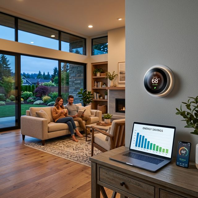 Glowing smart thermostat displaying optimal efficiency