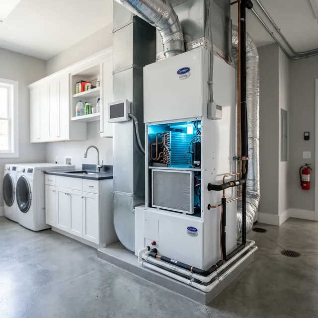 Clean blue UV light glowing from inside a modern HVAC unit