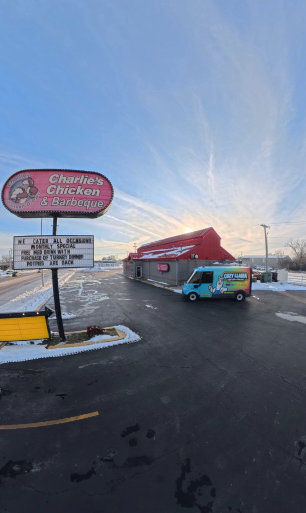 Cozy Llama HVAC service van at Charlie's Chicken and Barbeque in Pryor, Oklahoma
