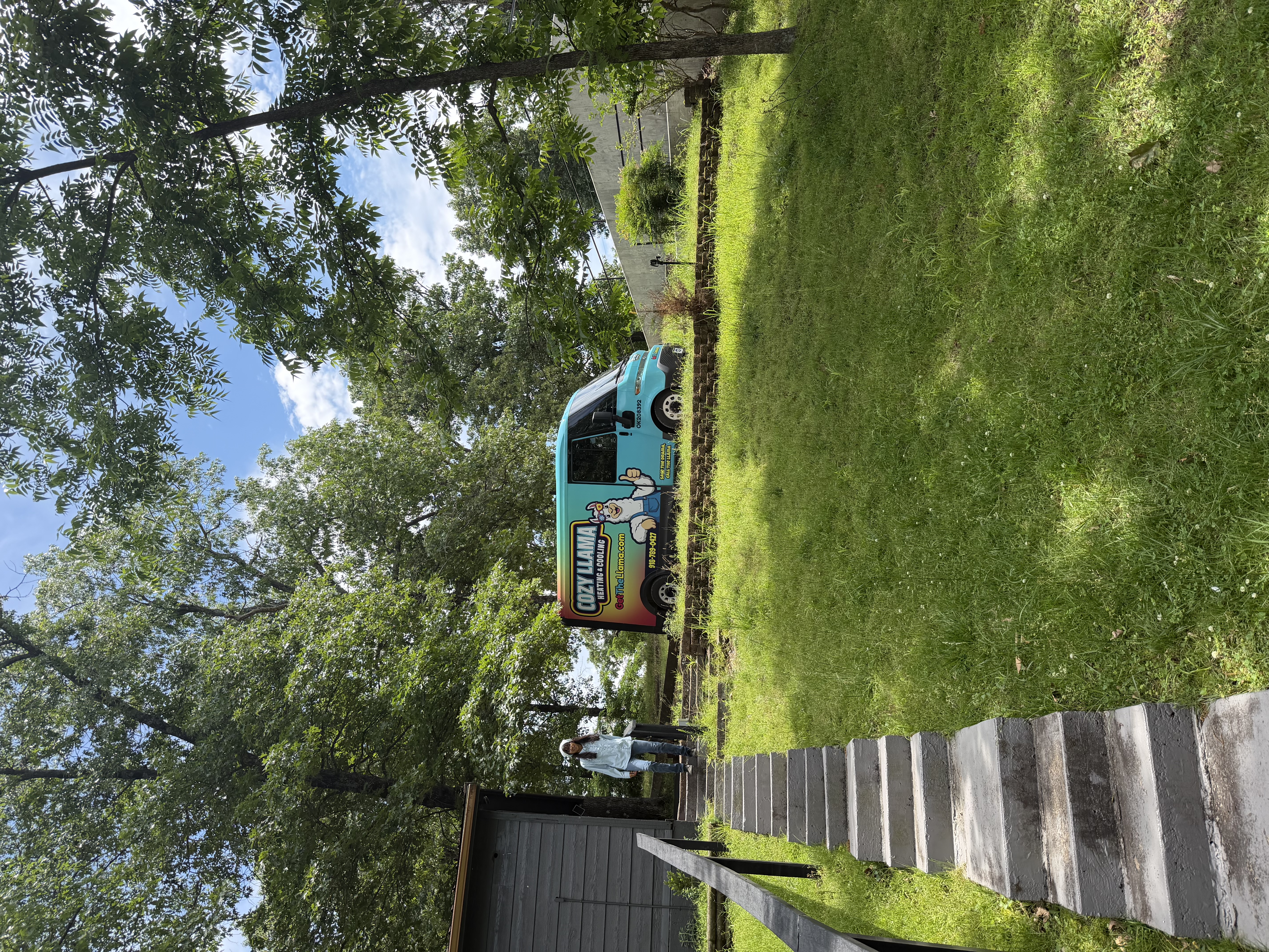 Cozy Llama HVAC service van performing a residential AC dispatch in Jay, Oklahoma