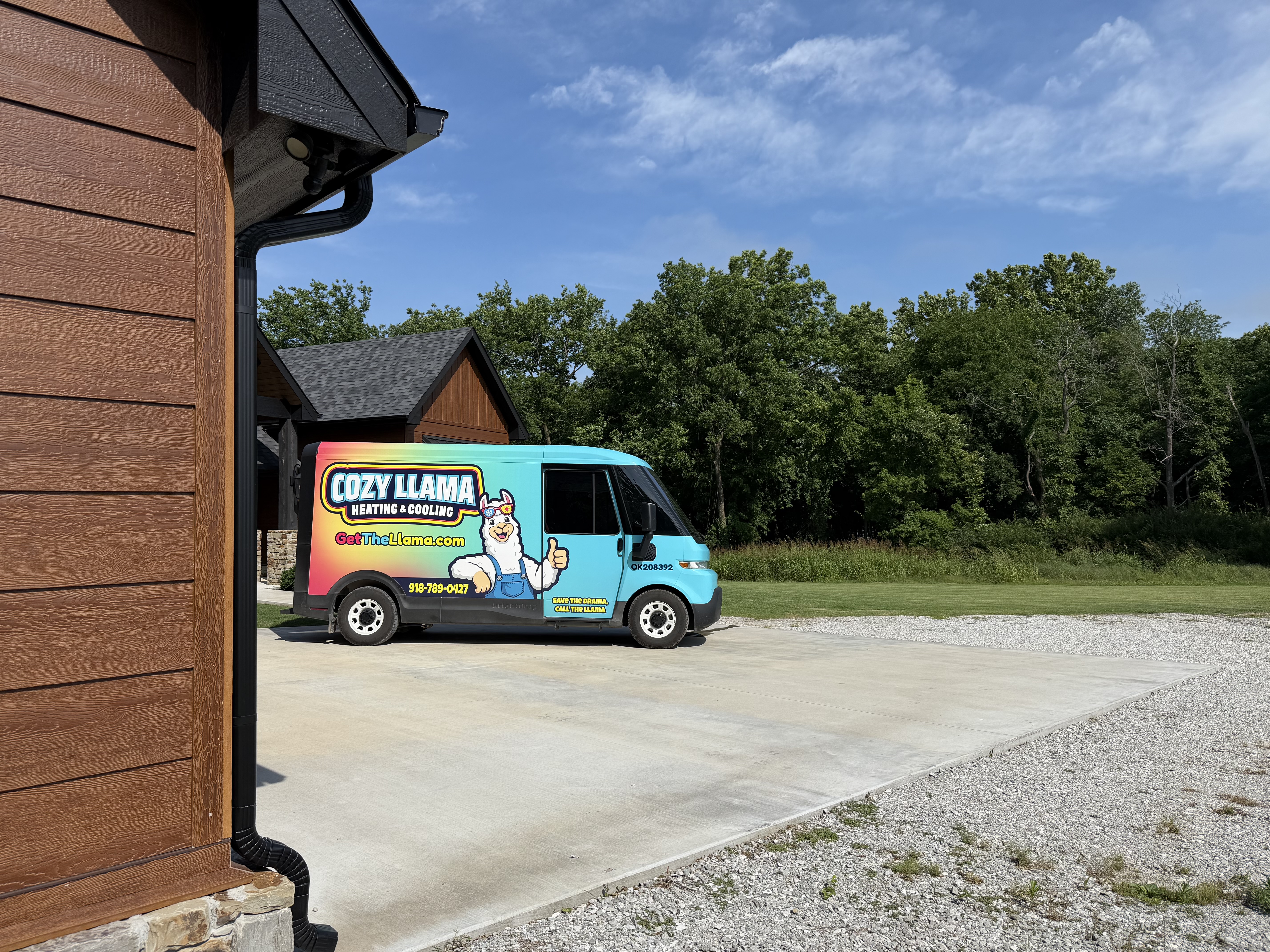 Cozy Llama HVAC service van on a residential dispatch in the Monkey Island neighborhood at Grand Lake
