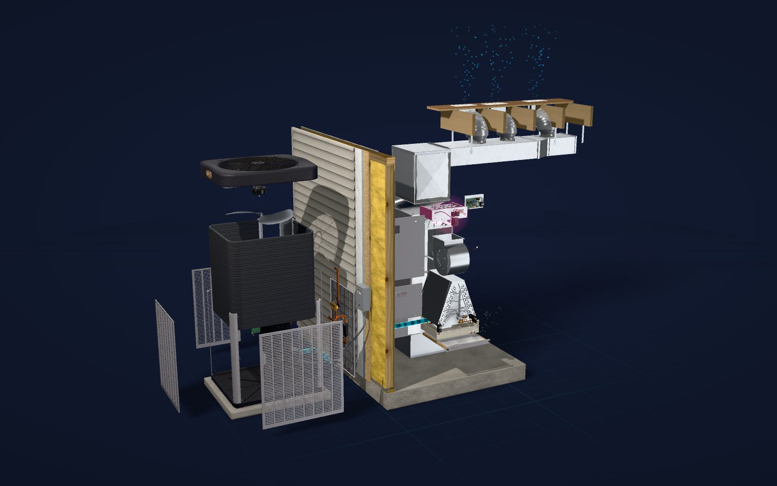 Illustration of an Armstrong Air variable-speed heat pump system taken apart: the outdoor unit's fan, coil, compressor, inverter board and reversing valve, the copper line set running through the wall, and the indoor air handler with its filter, blower, coil and backup heat strips