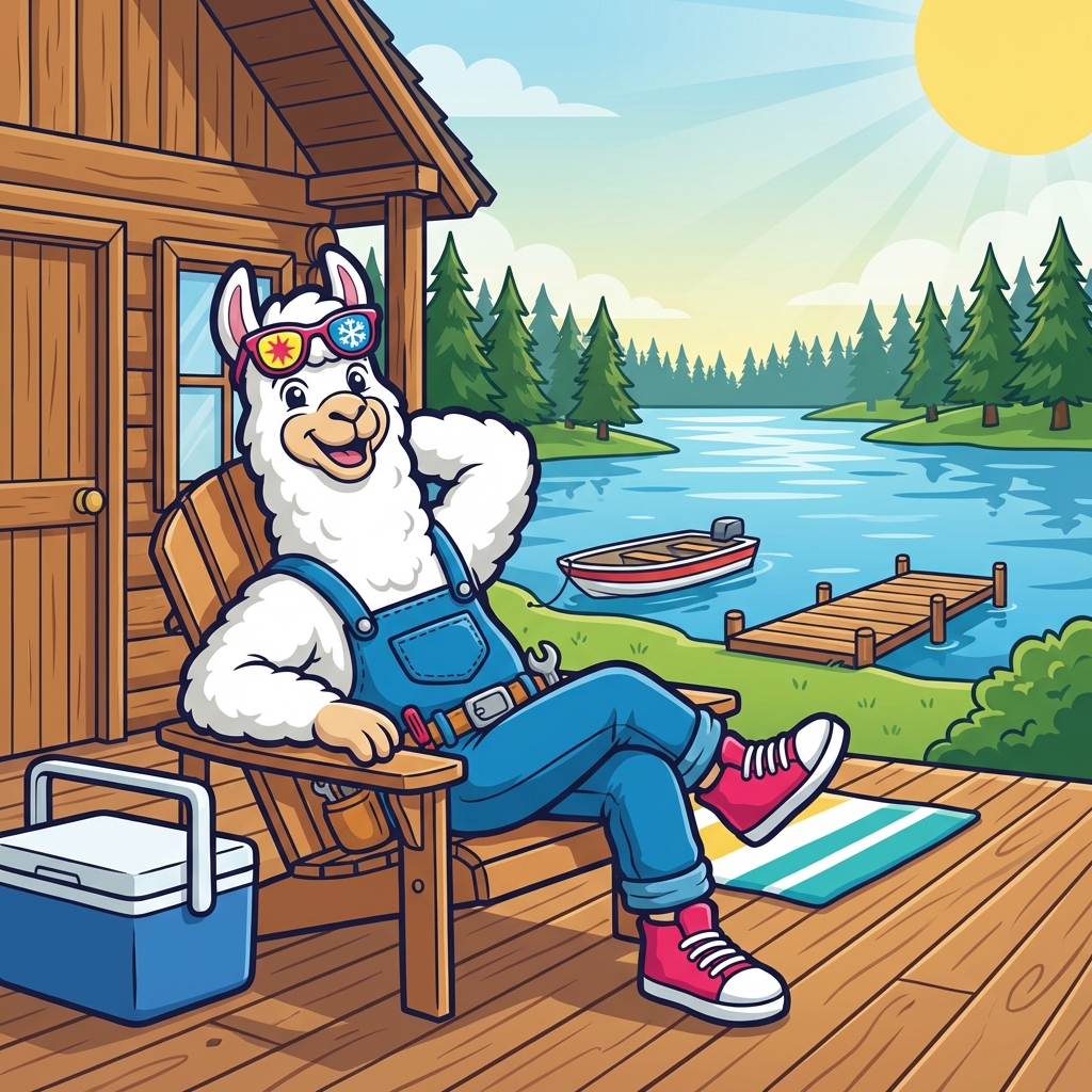 Cozy Llama mascot at Disney lakefront on Grand Lake