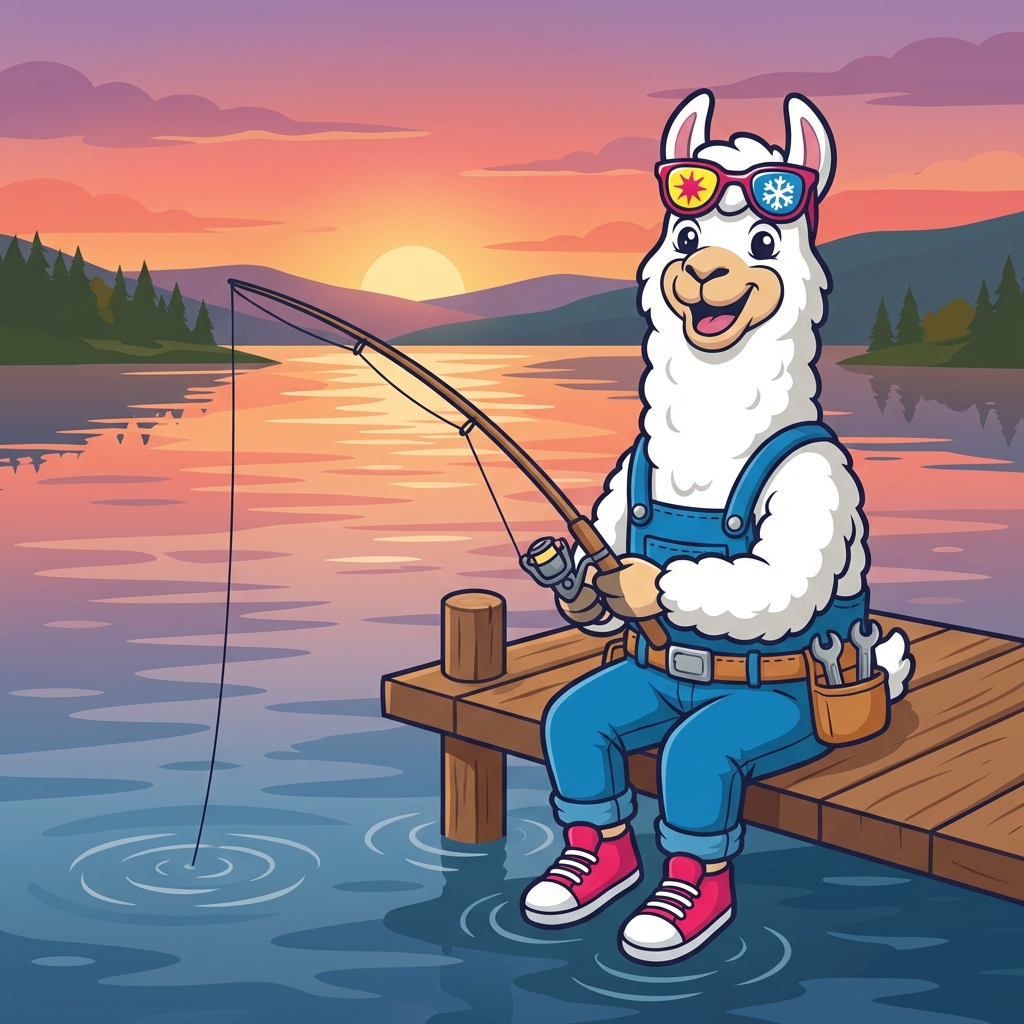 Cozy Llama mascot fishing at Grand Lake in Grove, Oklahoma