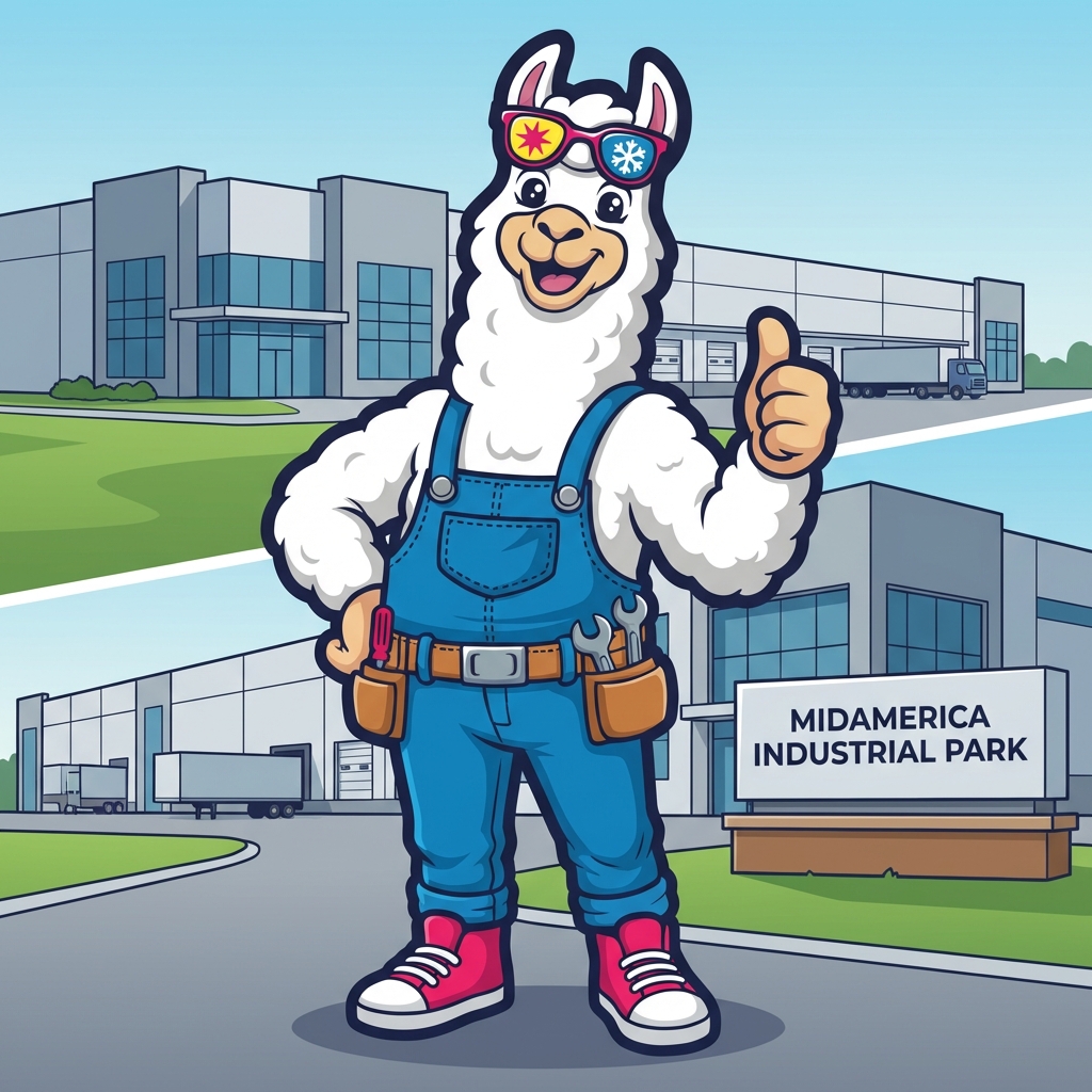 Cozy Llama mascot at MidAmerica Industrial Park in Pryor, Oklahoma