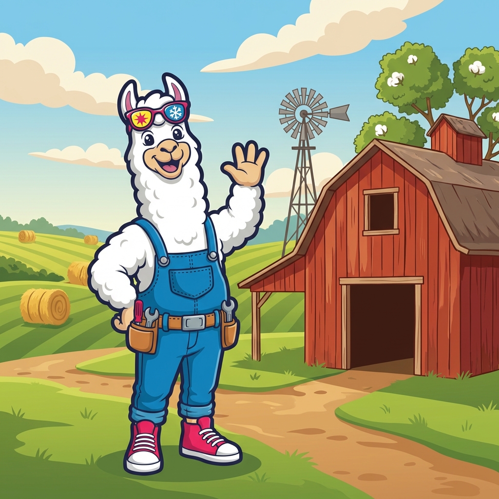 Cozy Llama mascot in Salina farm country